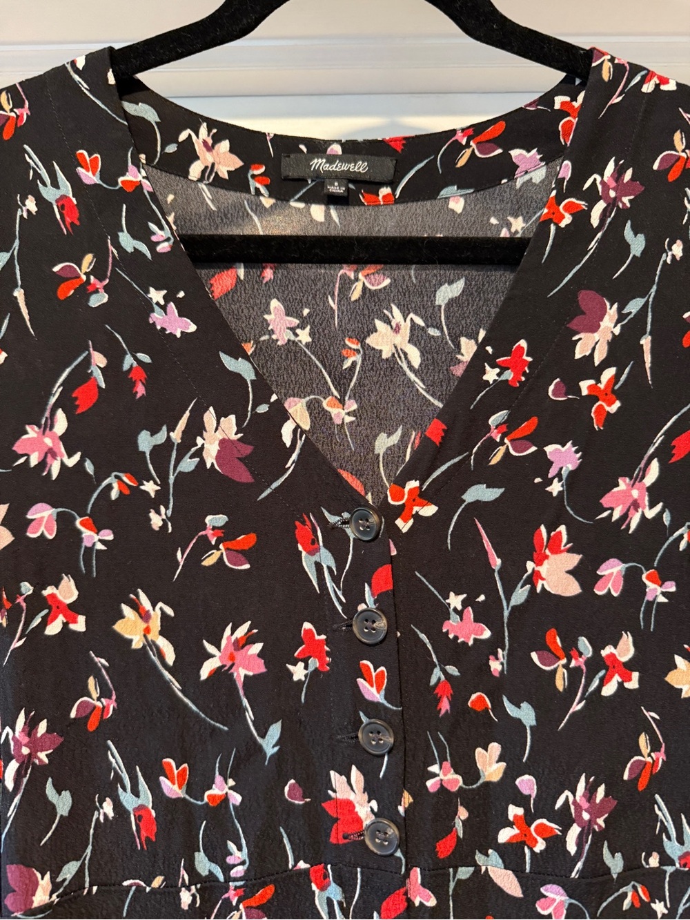 Madewell Black Floral V-Neck Button Dress